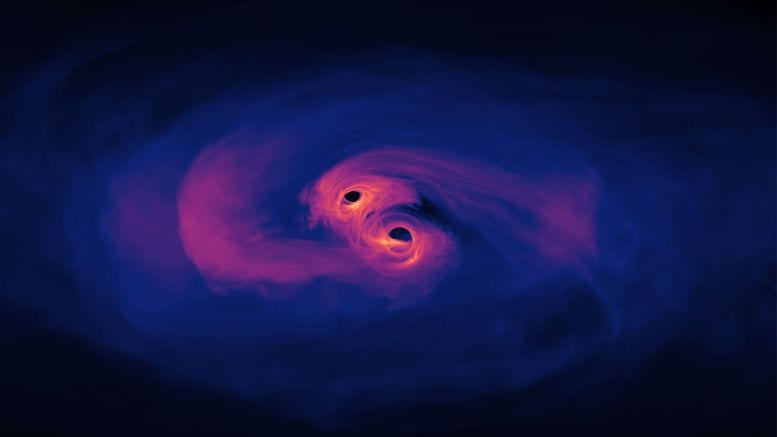 When two galaxies — each with a central supermassive black hole — merge together, it can create a binary system of these monstrous black holes. Image by NASA’s Goddard Space Flight Center/Scott Noble
