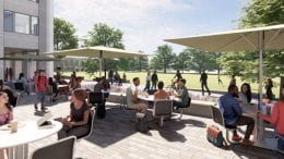 The first-floor event space and lounge can be opened up to an outdoor terrace overlooking Deering Meadow that will provide ample room for students to gather. Rendering courtesy of William Rawn Associates and Sheehan Nagle Hartray Architects