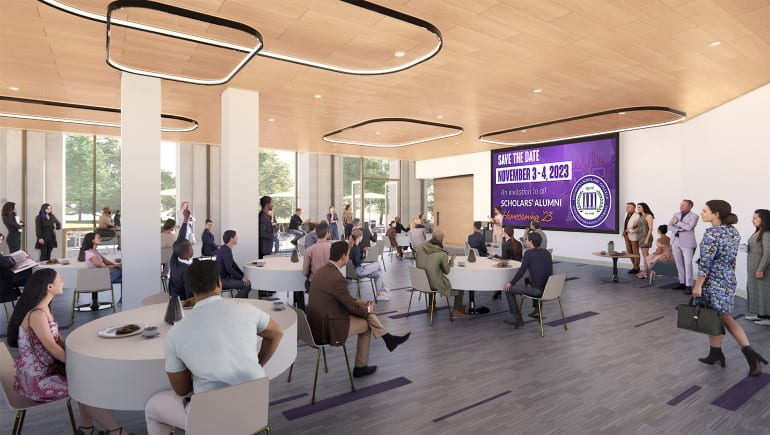A large gathering space on the first floor will host events such as lectures, conferences and seminars. It also will serve as a lounge for students and faculty. Rendering courtesy of William Rawn Associates and Sheehan Nagle Hartray Architects
