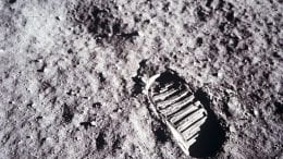 A close-up view of astronaut Buzz Aldrin's bootprint in the lunar soil, photographed with the 70mm lunar surface camera during Apollo 11's sojourn on the moon. Image by NASA